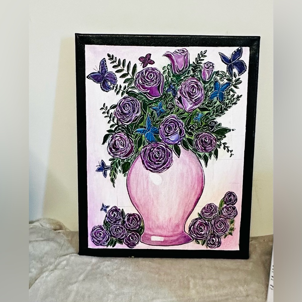 Purple Rose Bouquet in Pink Vase Wall Art Size 11 X 14